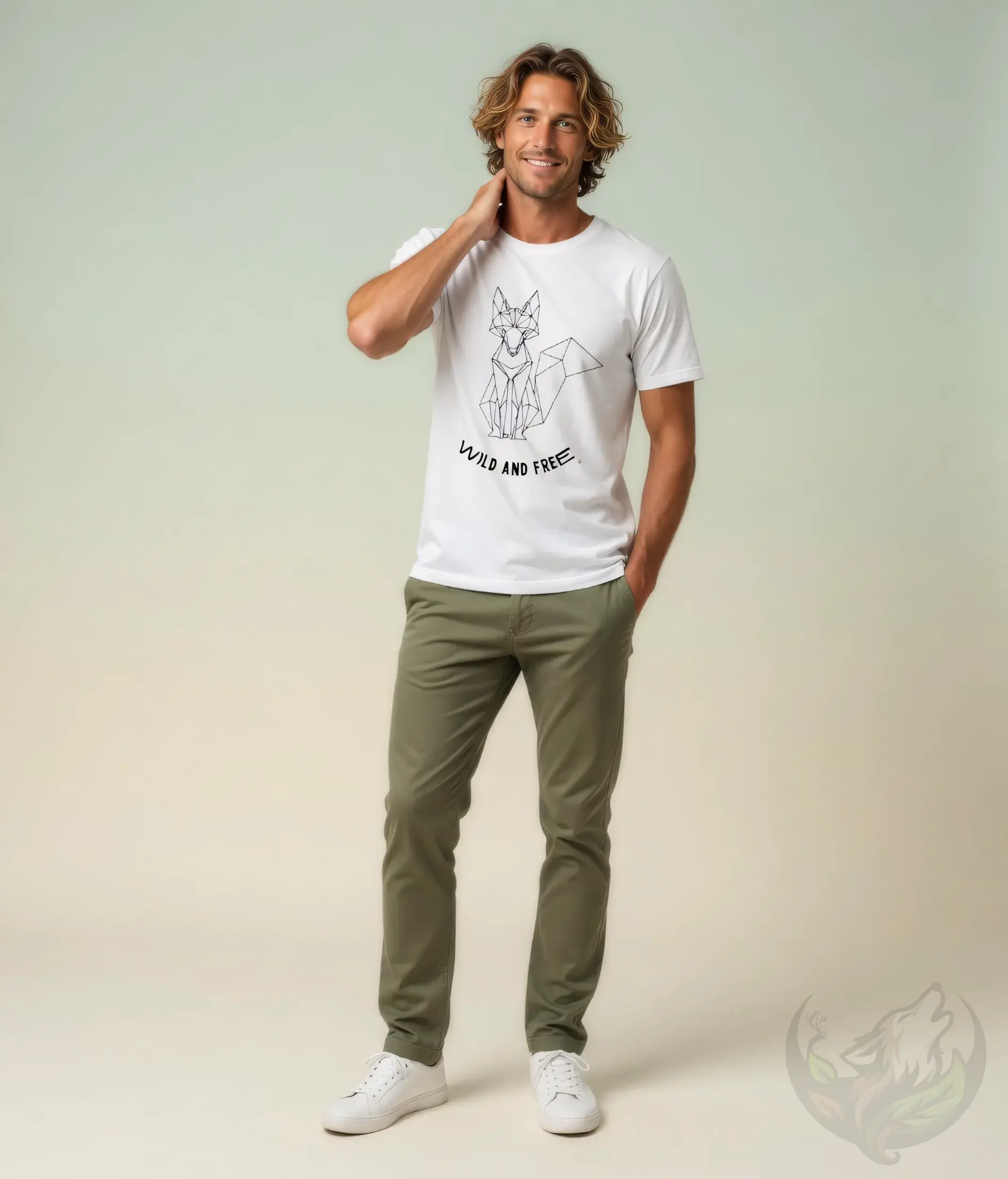 White unisex t-shirt worn by man with long hair, geometric fox "Wild and Free" wildlife design.