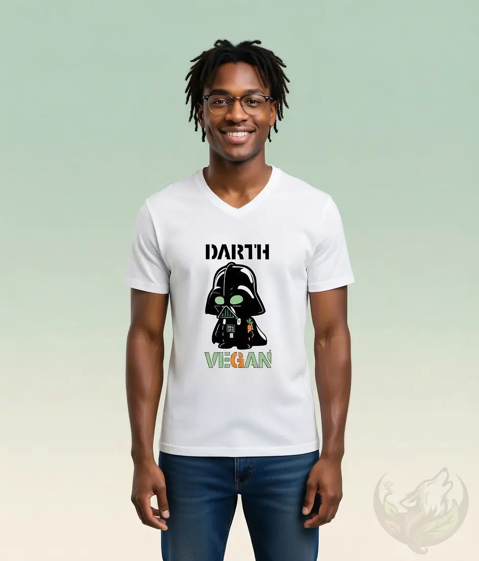 Thumbnail: White V-neck unisex t-shirt worn by smiling man with curly hair and glasses, cute Darth Vader "Darth Vegan" carrot design.