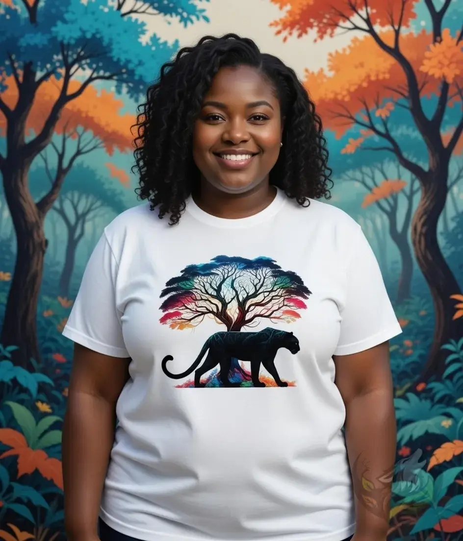 Thumbnail: Woman wearing white extended sizes shirt featuring a colorful tree and black panther design