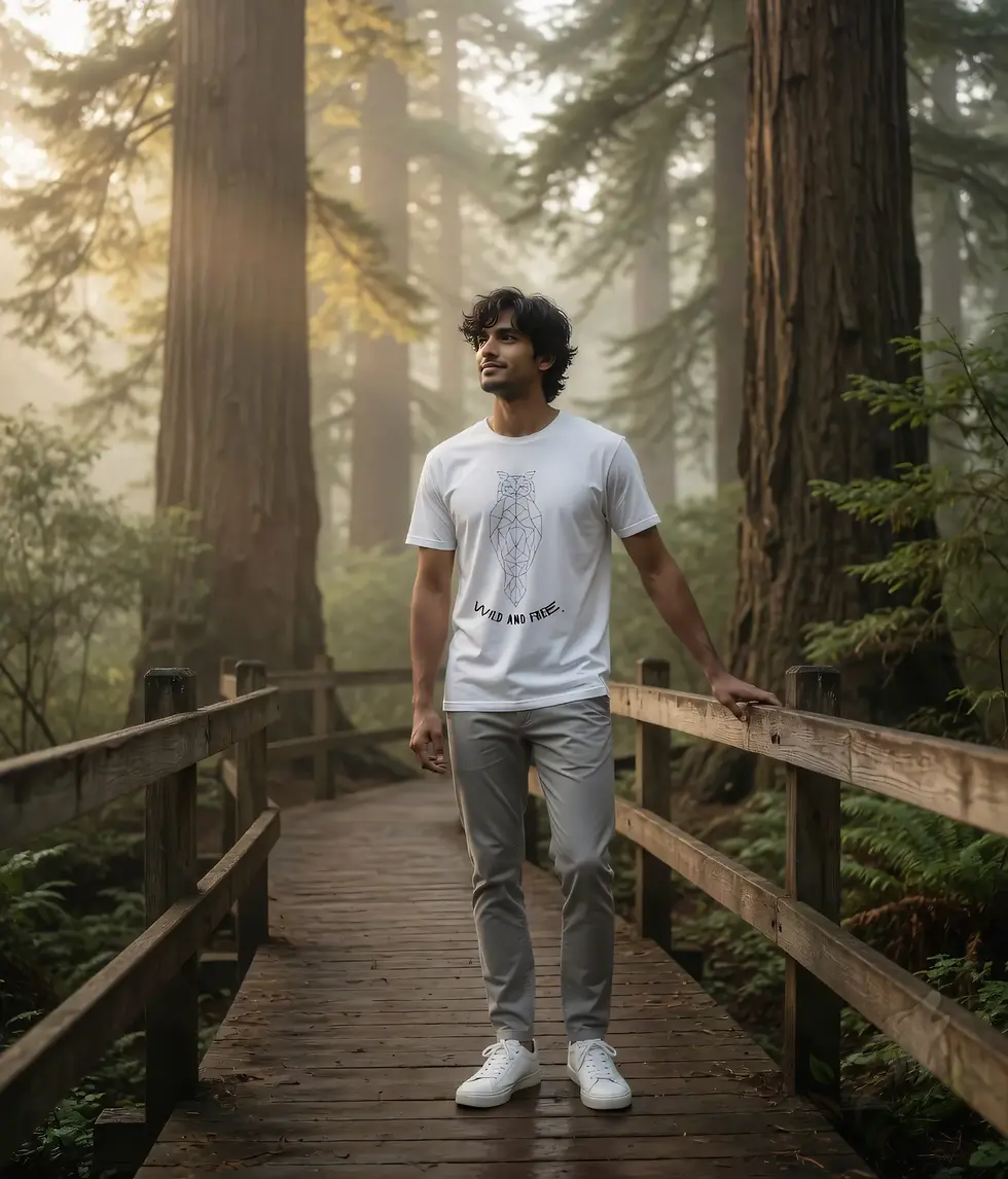 White unisex t-shirt on man with curly hair on misty forest bridge, geometric owl "Wild and Free".