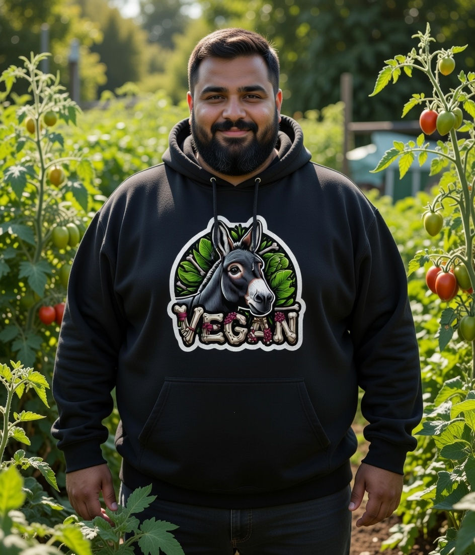 plus size vegan donkey lifestyle – black hoodie with colorful donkey design and vegan text in a garden setting