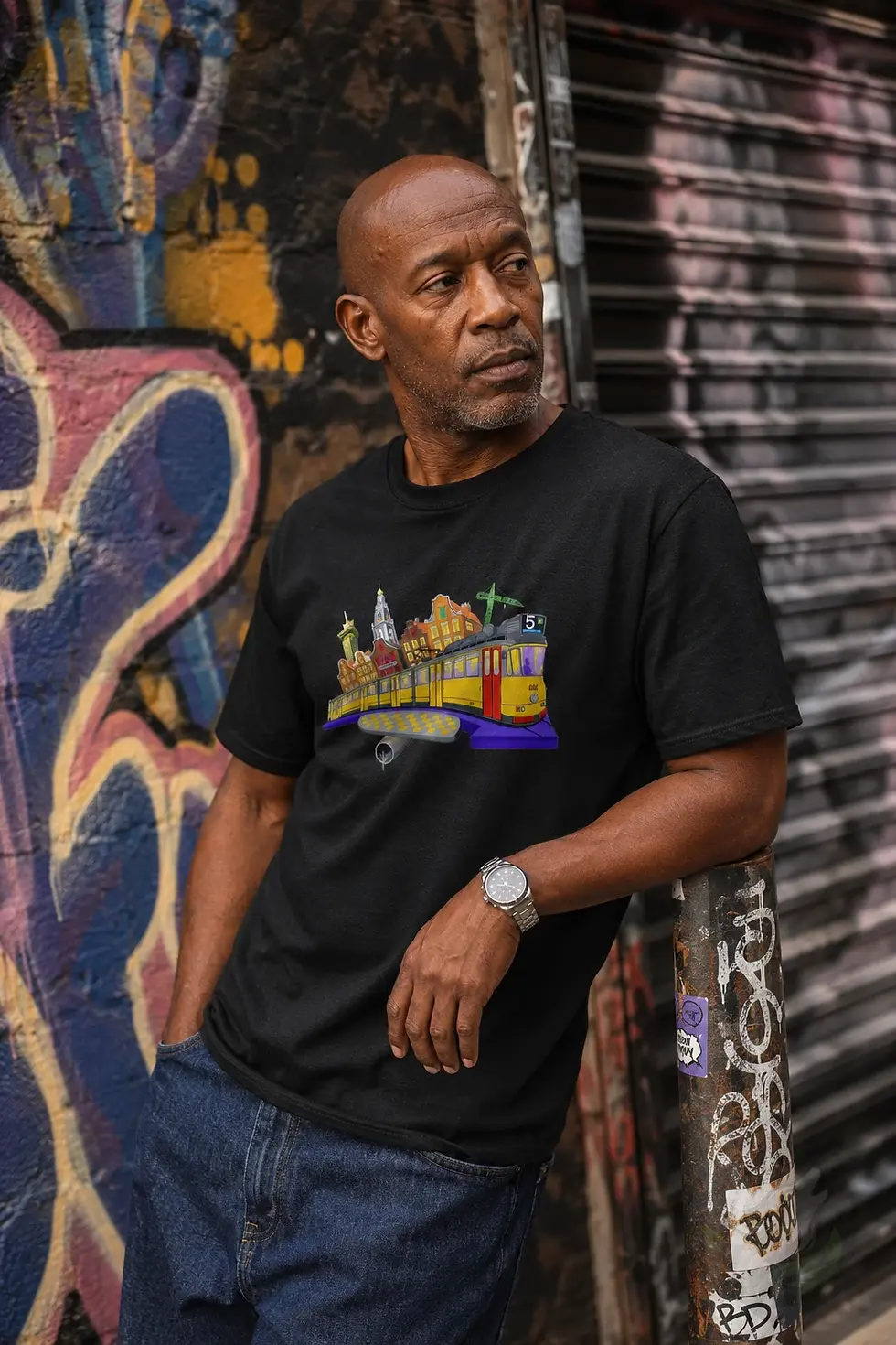 Thumbnail: Male model in urban setting wearing black DefP Tram 5 unisex shirt with bright tram city artwork