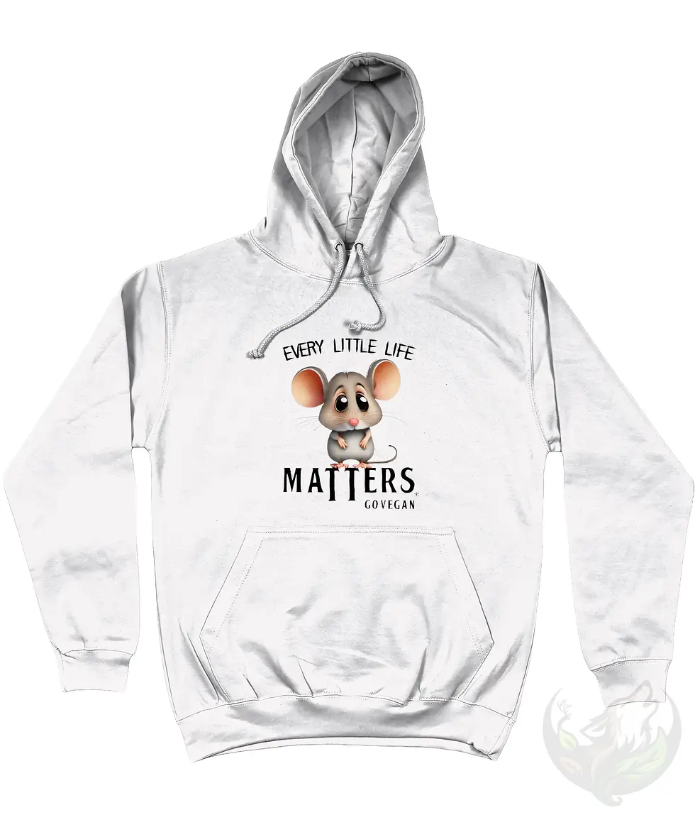 Thumbnail: White unisex hoodie with charming mouse graphic and slogan "Every little life matters - Go vegan".