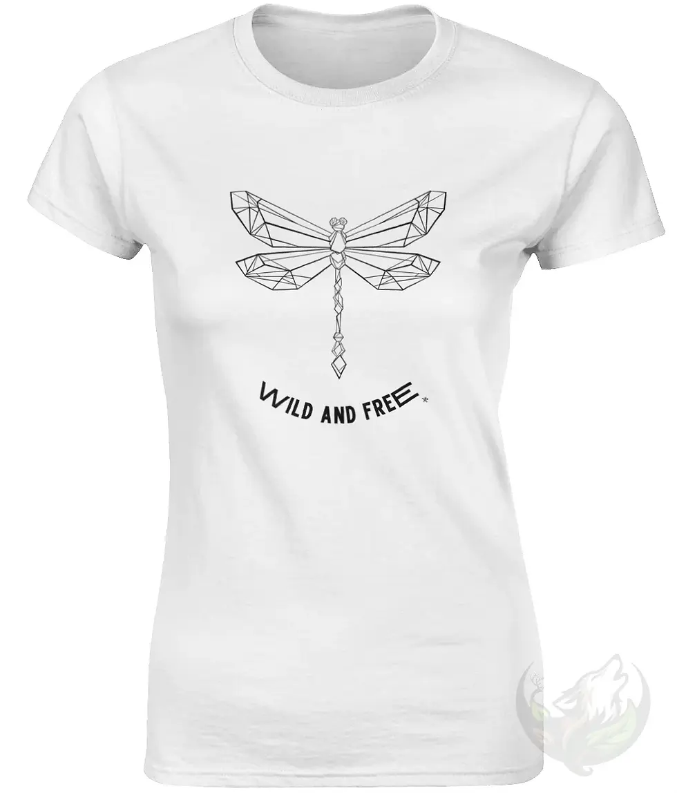 Thumbnail: White fitted tee with geometric dragonfly Wild and Free design shown on a clean, minimal mockup background.