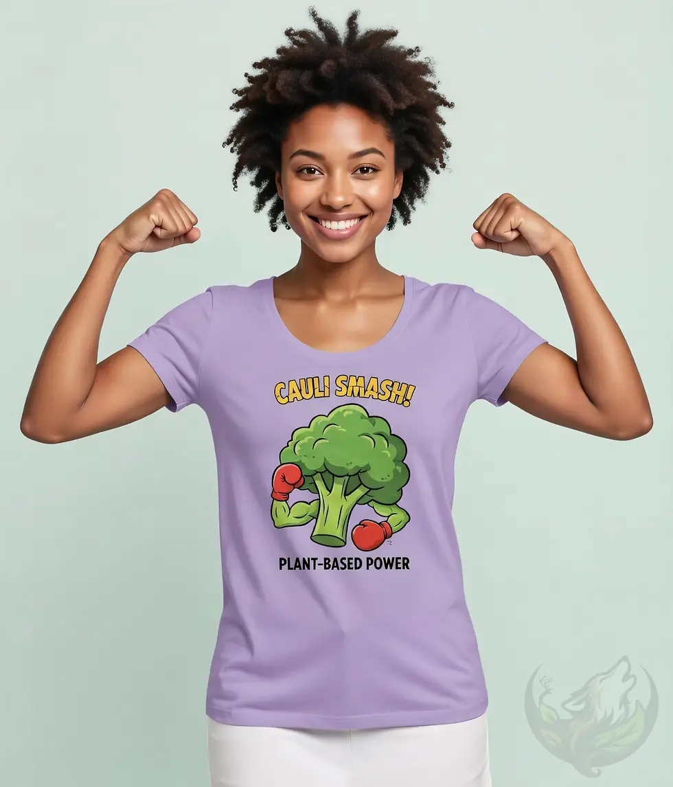 Thumbnail: Lavender scoop neck tee with Cauli Smash vegan cartoon design worn while flexing against a light green backdrop.