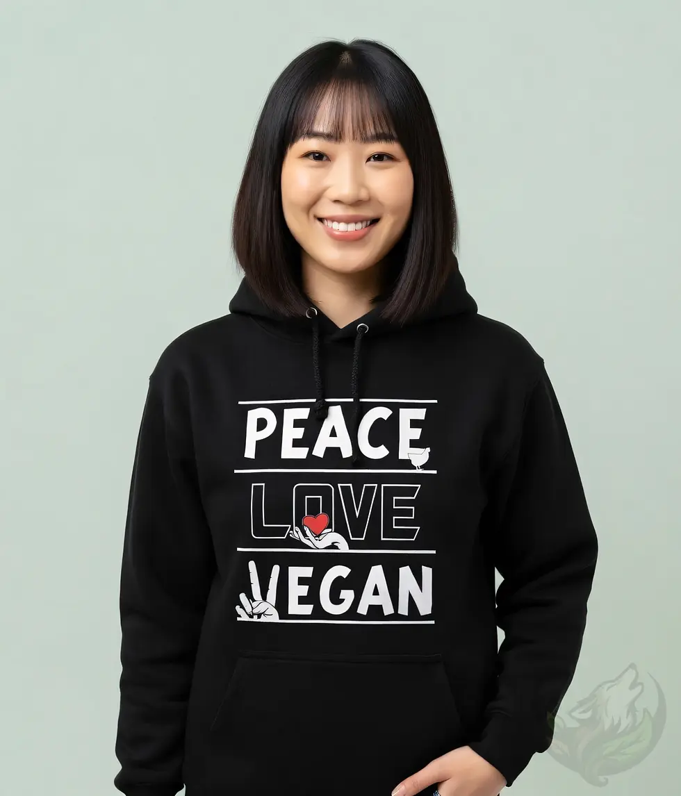 Thumbnail: Black unisex hoodie with bold white text "PEACE LOVE VEGAN" and small icons of chicken, heart and peace sign.
