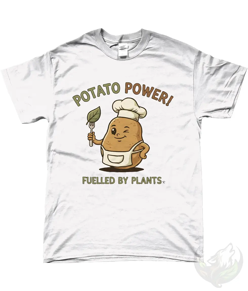 Thumbnail: White shirt with funny vegan Potato Power chef potato design and “Fuelled by Plants” text