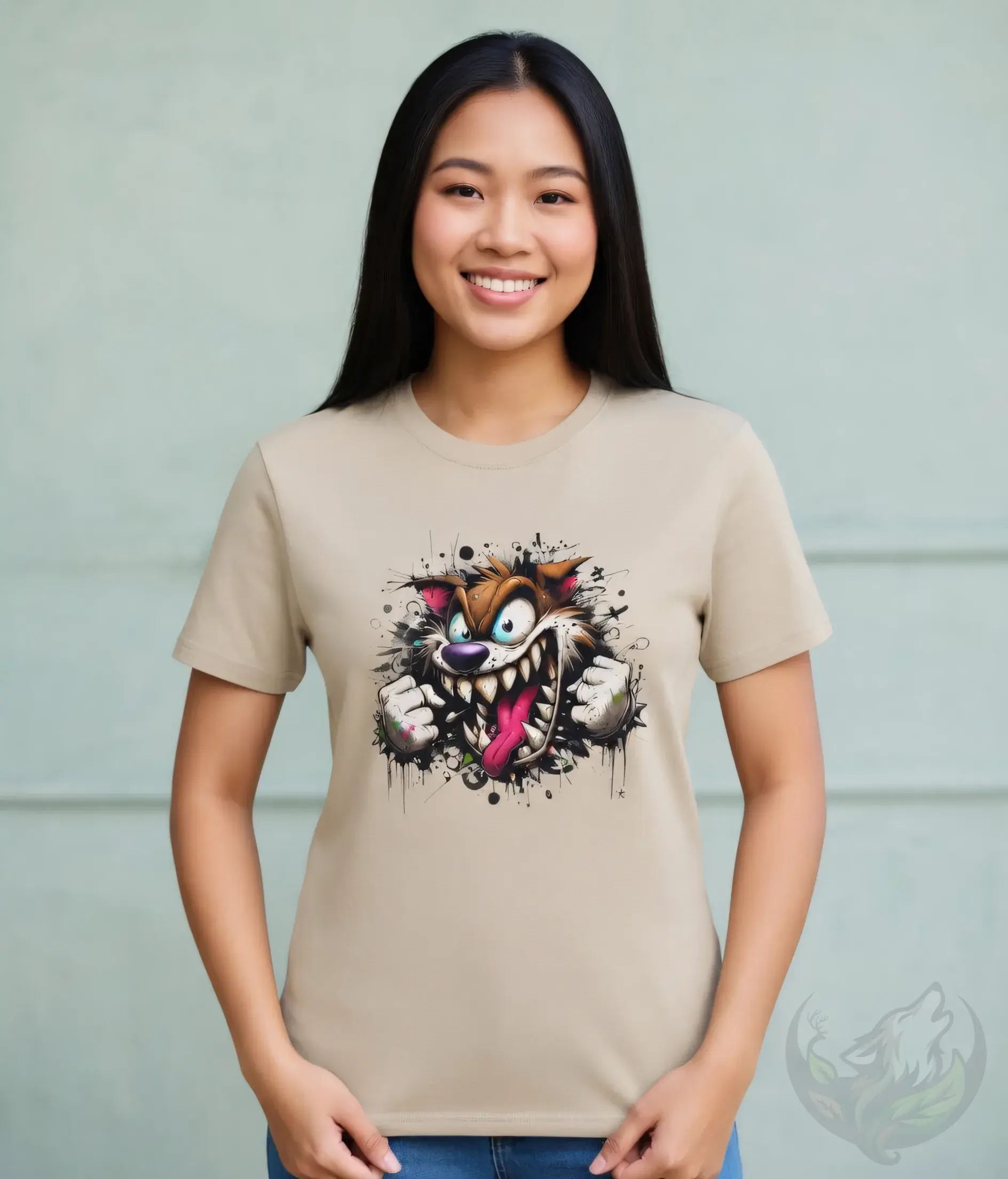 Smiling woman with long dark hair wearing a sand beige fitted t-shirt featuring a bold graffiti angry dog character with fier