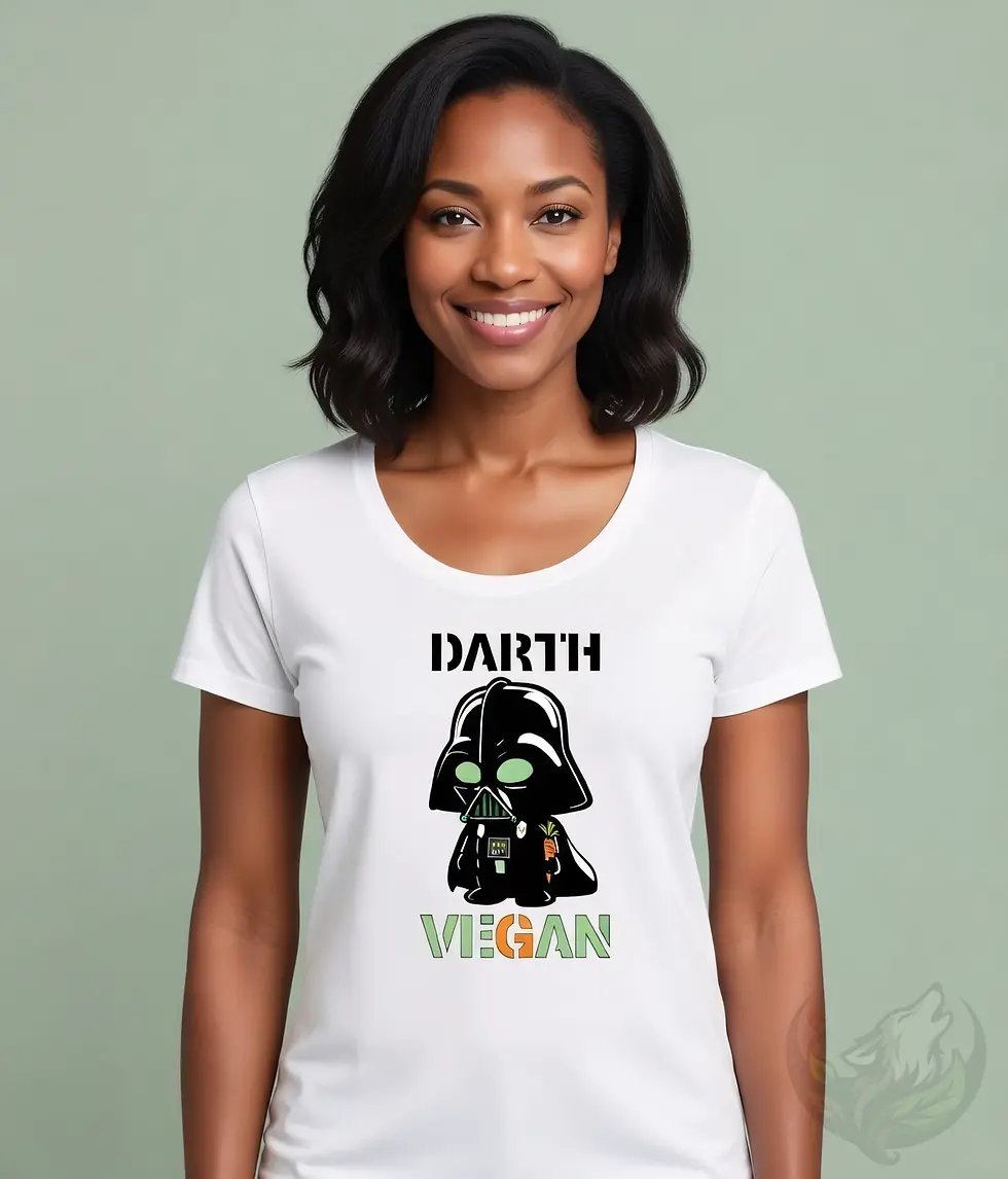 Thumbnail: White scoop neck tee with a cartoony Darth Vegan design holding a carrot and a bold vegan message.