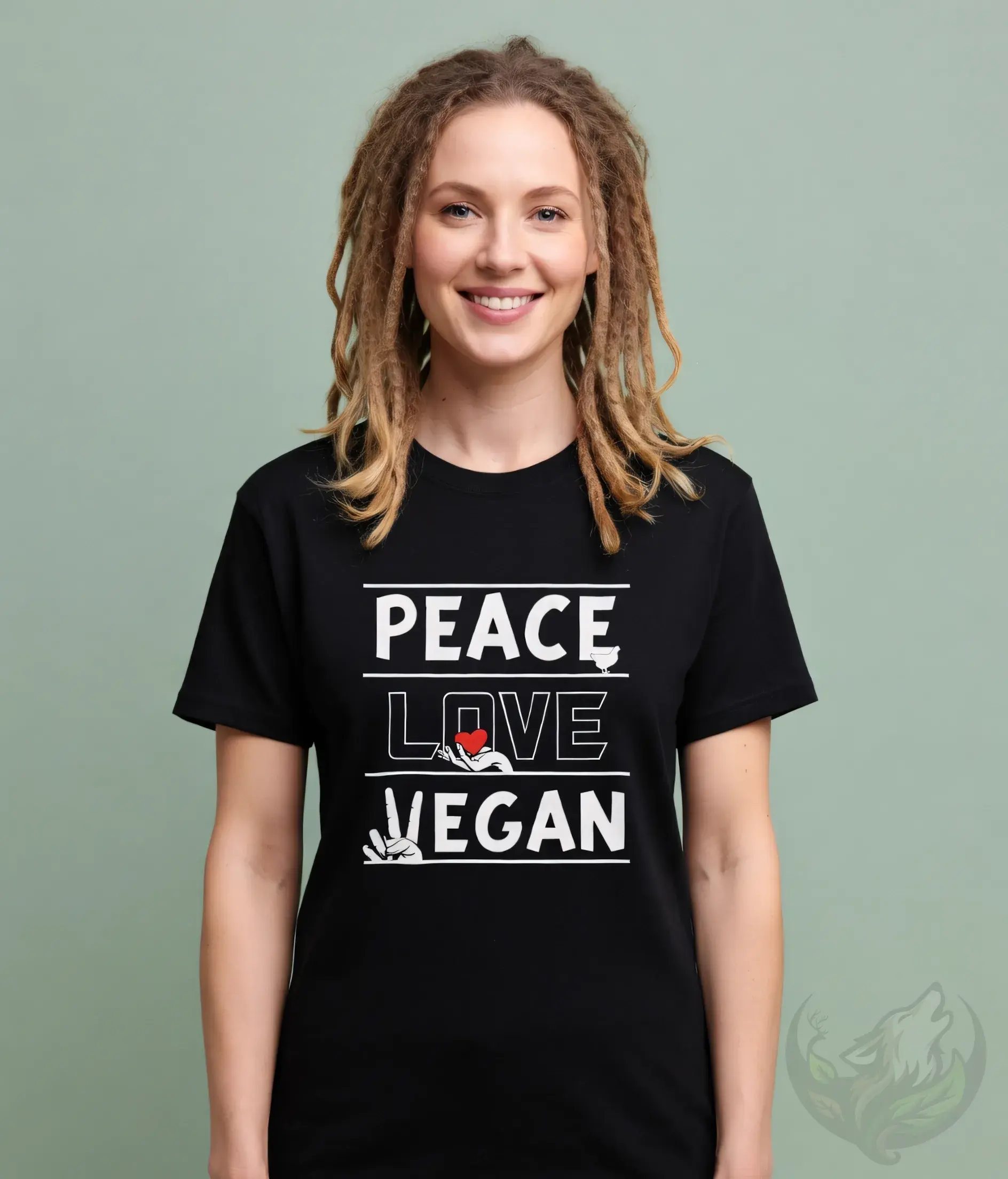 Black fitted tee with the Vegan Quotes “Peace Love Vegan” design worn in an indoor setting.
