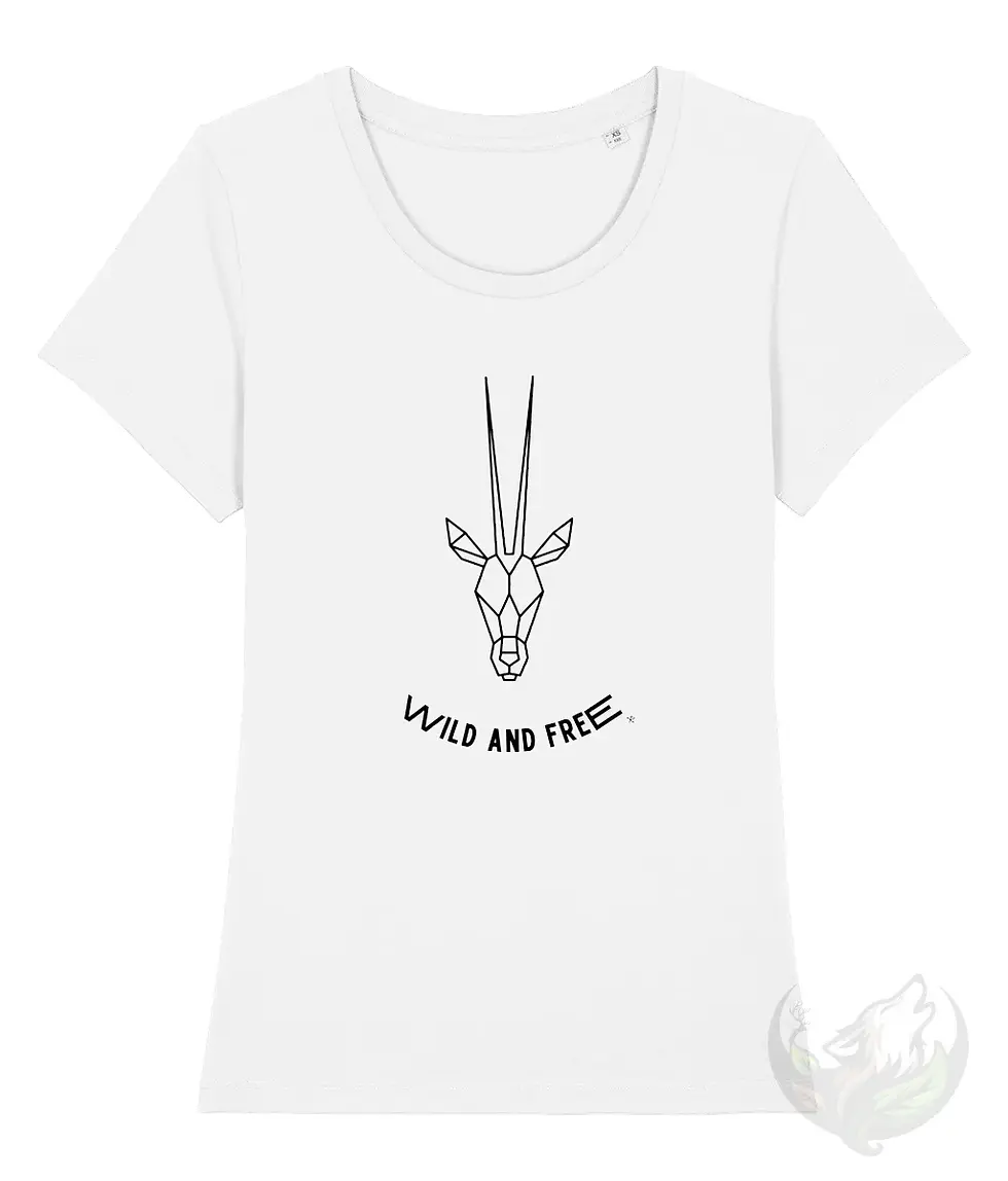 Thumbnail: White scoop neck tee with geometric antelope Wild and Free design displayed against a clean light background.