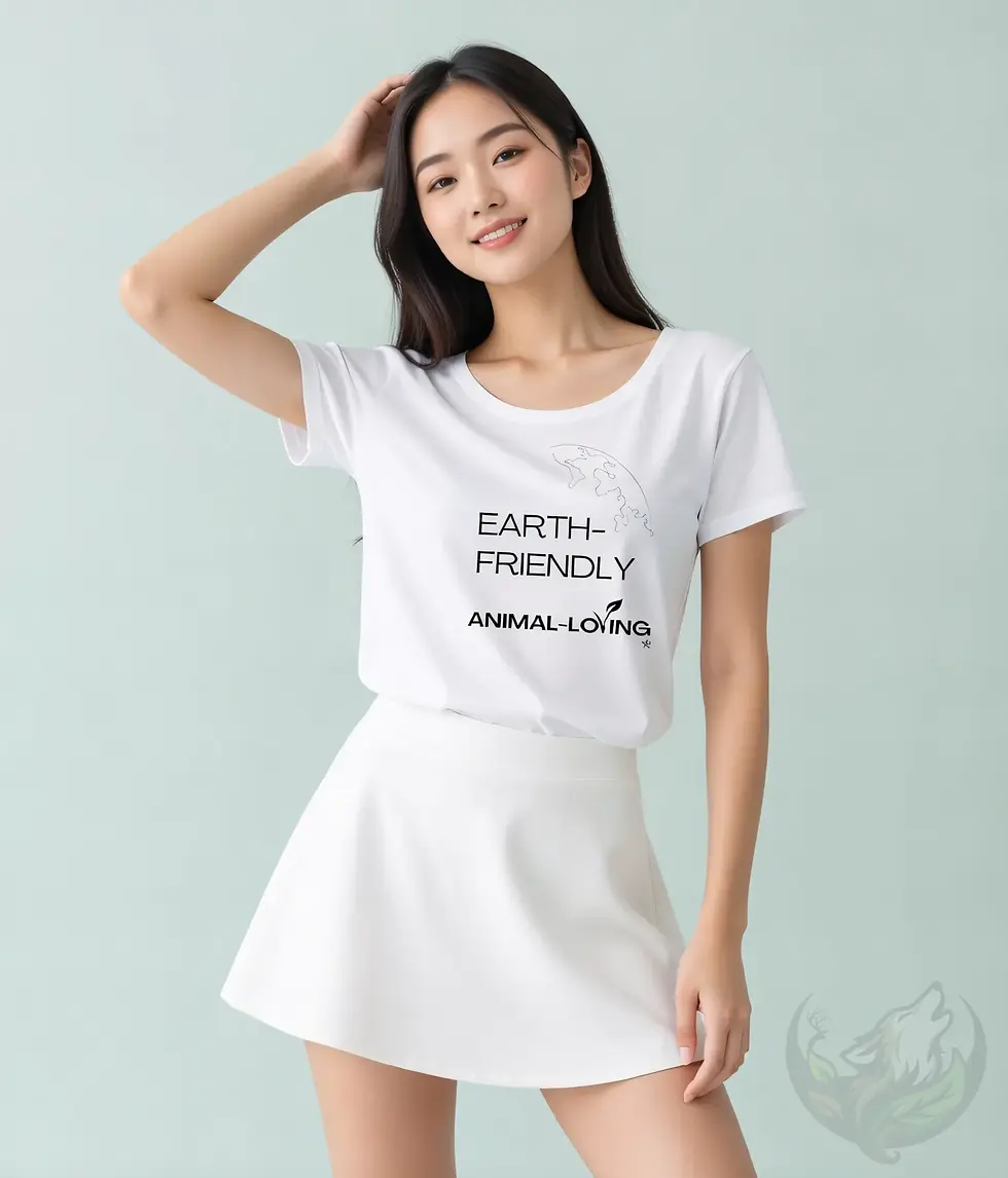 Thumbnail: White wide‑neck shirt with a dolphin and wave graphic and the text “Earth‑friendly, animal‑loving,” worn with a white skirt.
