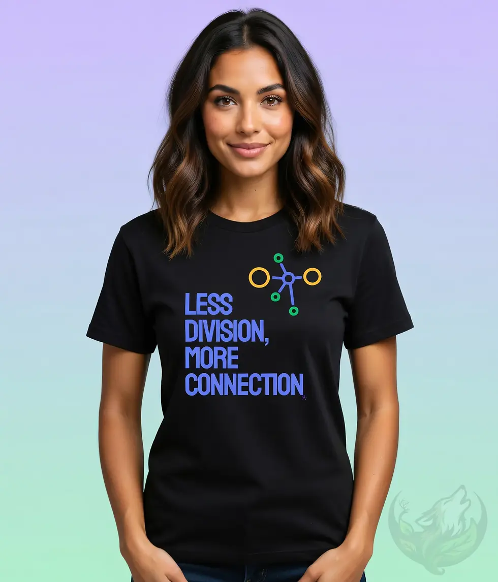 Fitted black t‑shirt featuring the Less Division, More Connection design with colorful linked circles.