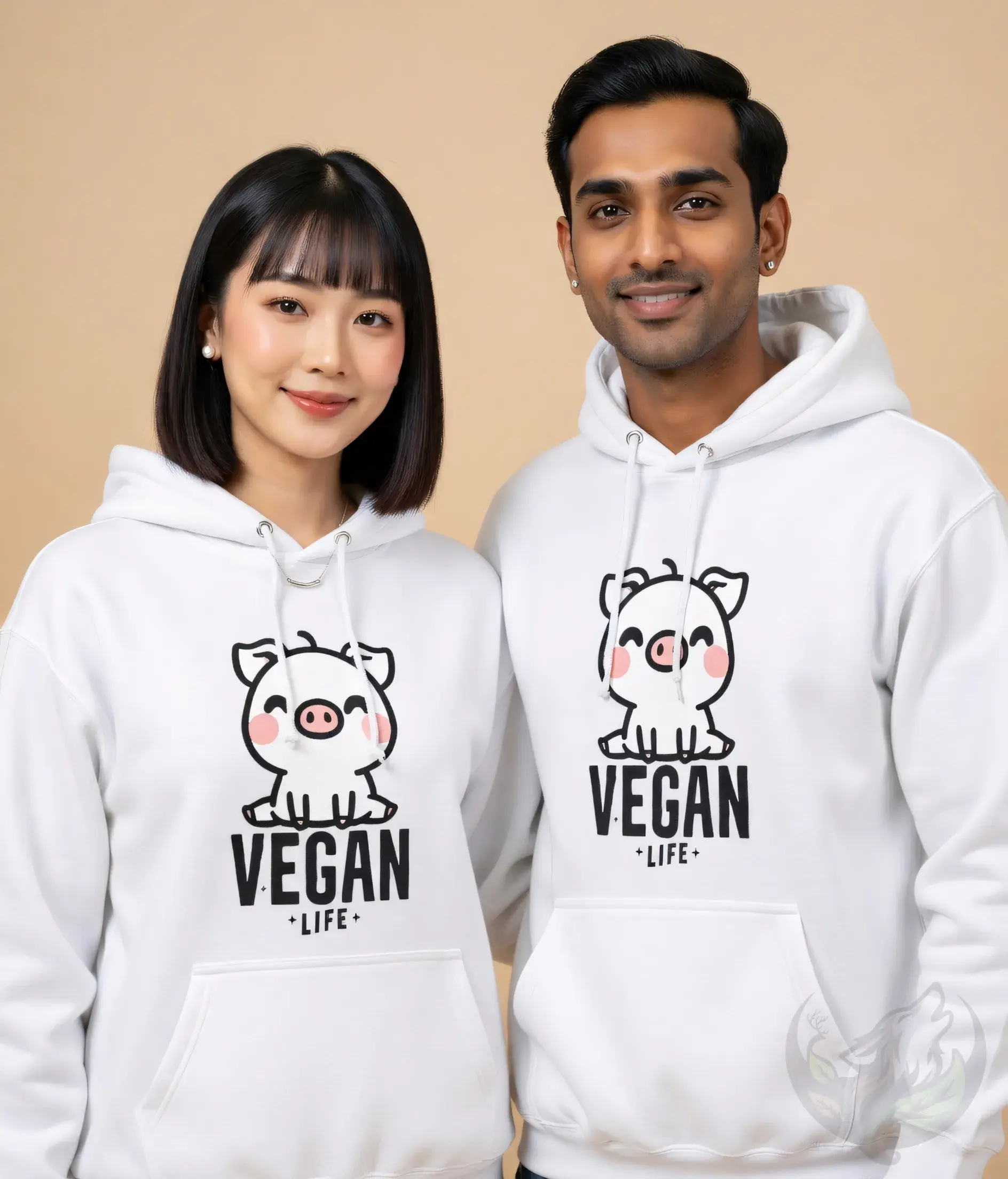 Happy couple wearing matching white unisex hoodies with cute cartoon vegan life pig design and bold vegan life text on front