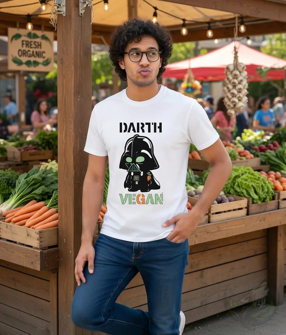 Thumbnail: White unisex t-shirt on man with curly hair at outdoor market, fun Darth Vader "Darth Vegan" graphic.