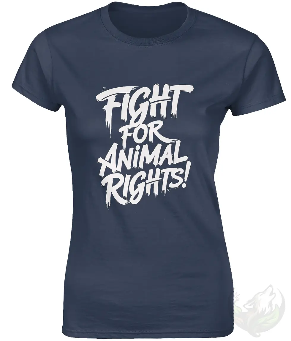 Thumbnail: Fitted navy women’s vegan shirt with the “Fight for Animal Rights!” graffiti text design.