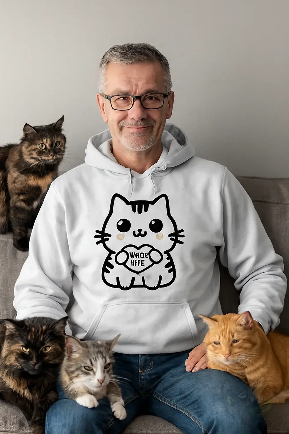 Thumbnail: Man with glasses sitting with three real cats wearing white unisex hoodie with cartoon vegan life cat design