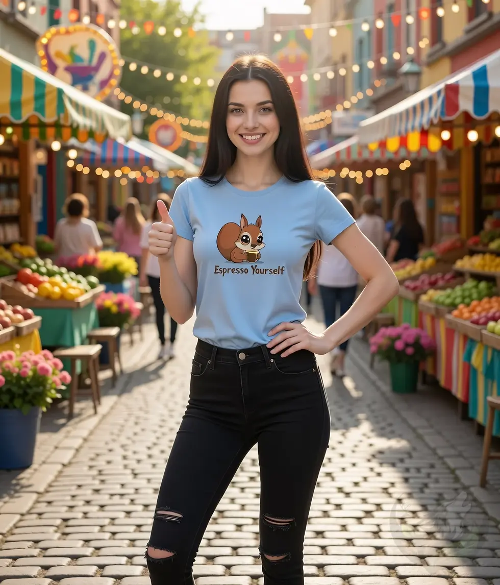 Thumbnail: Person in a light‑blue fitted tee with a cartoon squirrel holding a coffee cup and the pun “espresso yourself” in a colorful