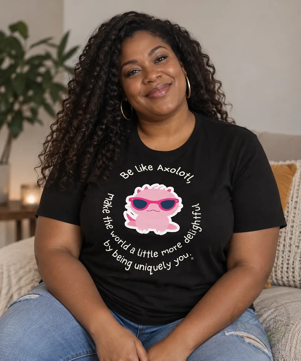 Woman wearing a black Be Like Axolotl shirt featuring a pink axolotl wearing sunglasses