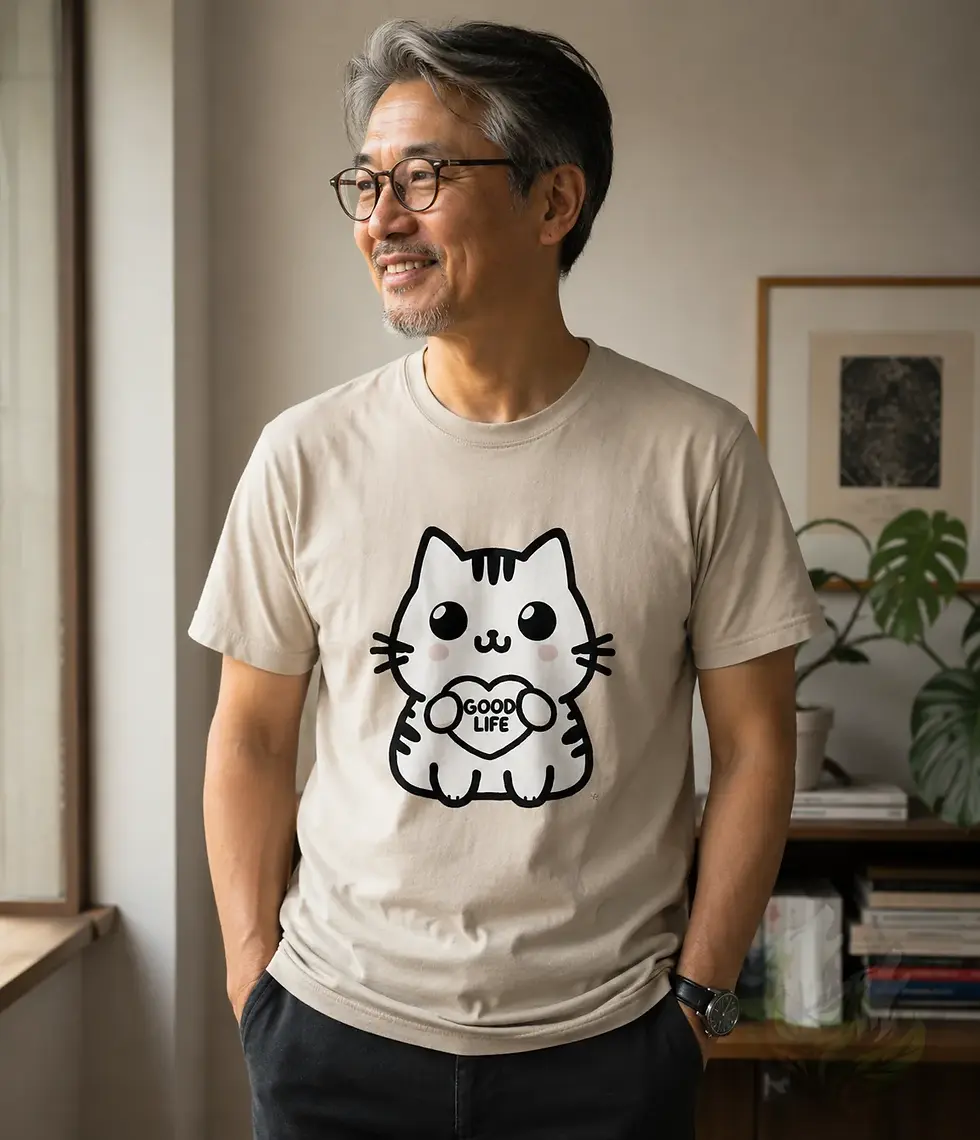 Thumbnail: Man wearing natural unisex Good Life cat cartoon shirt in bright indoor lifestyle setting