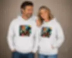 Couple wearing matching white hoodies with colorful pixel-style dog artwork in a relaxed indoor lifestyle setting