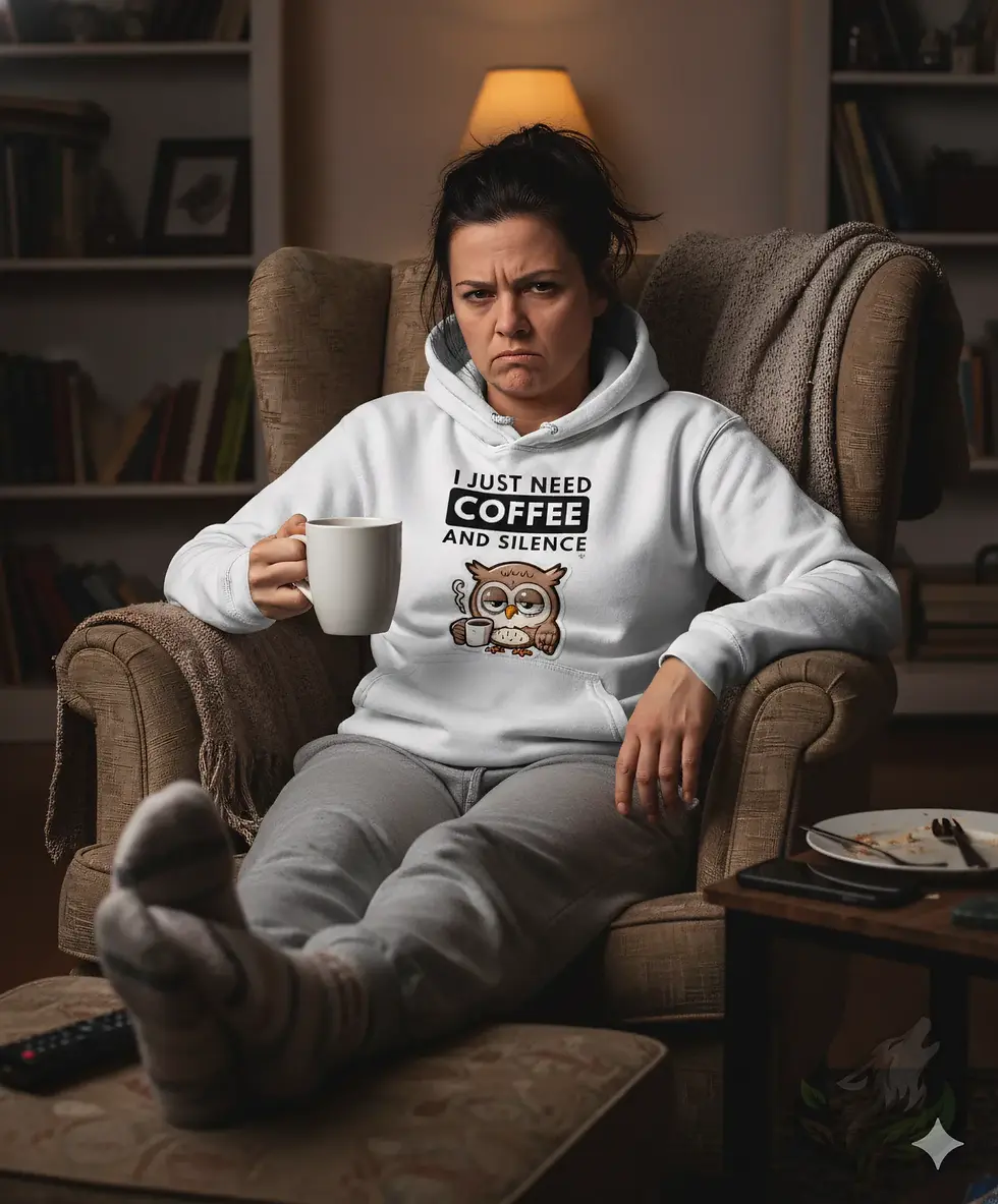 Thumbnail: Woman relaxing at home in a white I Just Need Coffee And Silence hoodie with a sleepy owl coffee graphic.