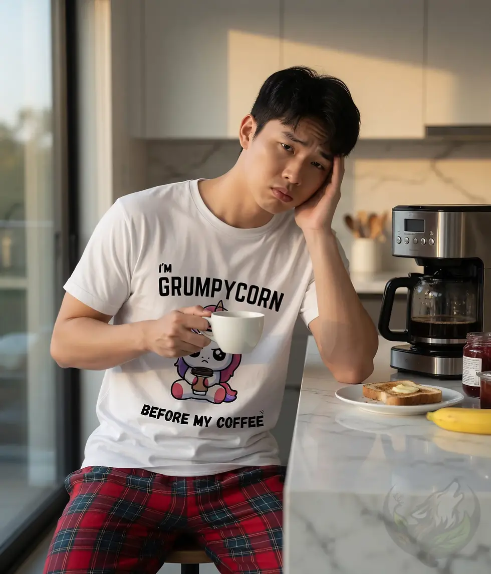 Man in white Grumpycorn T-shirt sitting in kitchen with coffee looking grumpy before the day starts