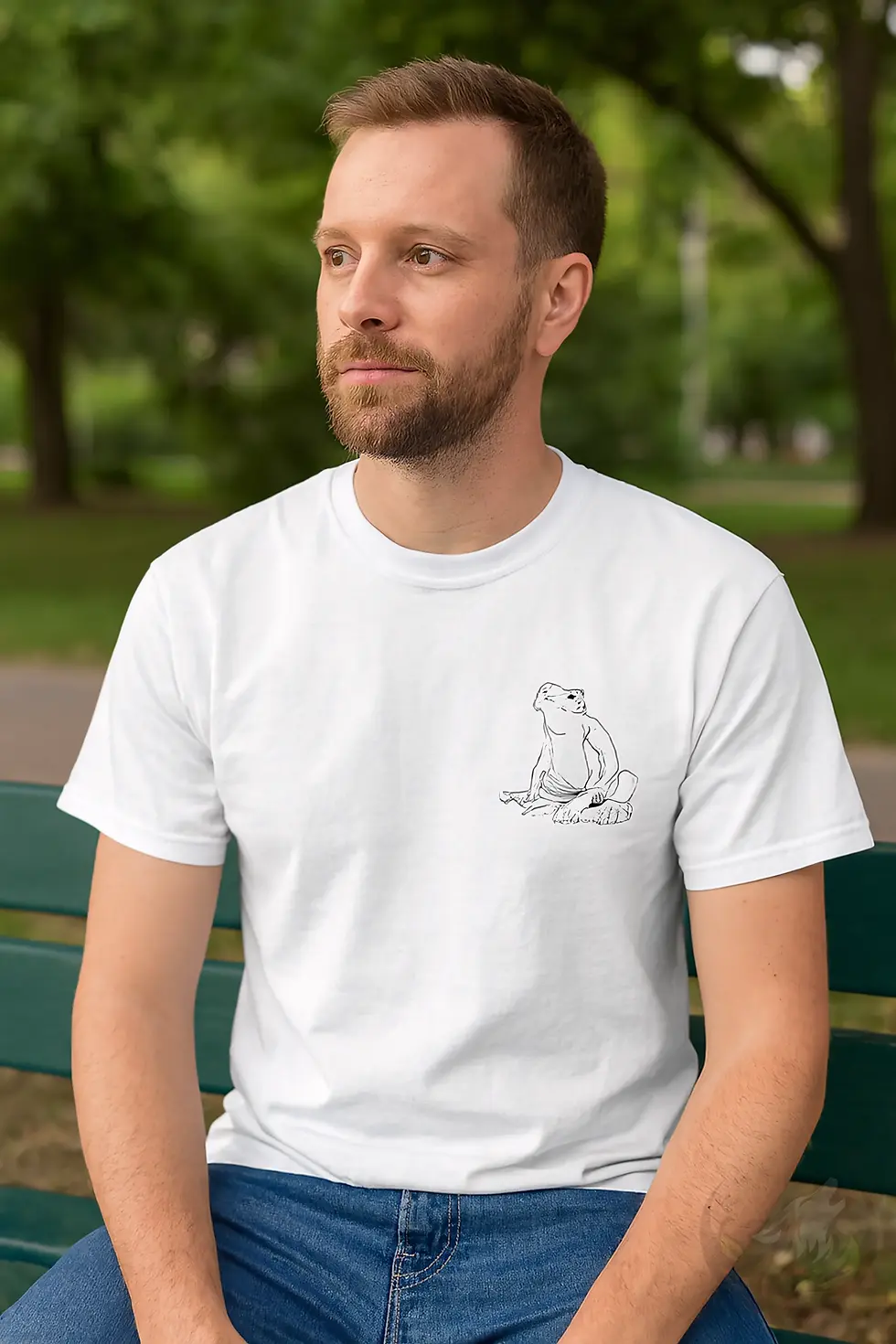 Thumbnail: Man wearing white unisex frog Elegant Lines shirt sitting on park bench with minimalist animal line art