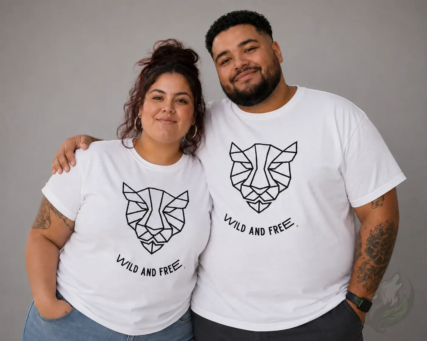 Couple wearing white unisex Wild and Free panther shirts with a geometric panther design