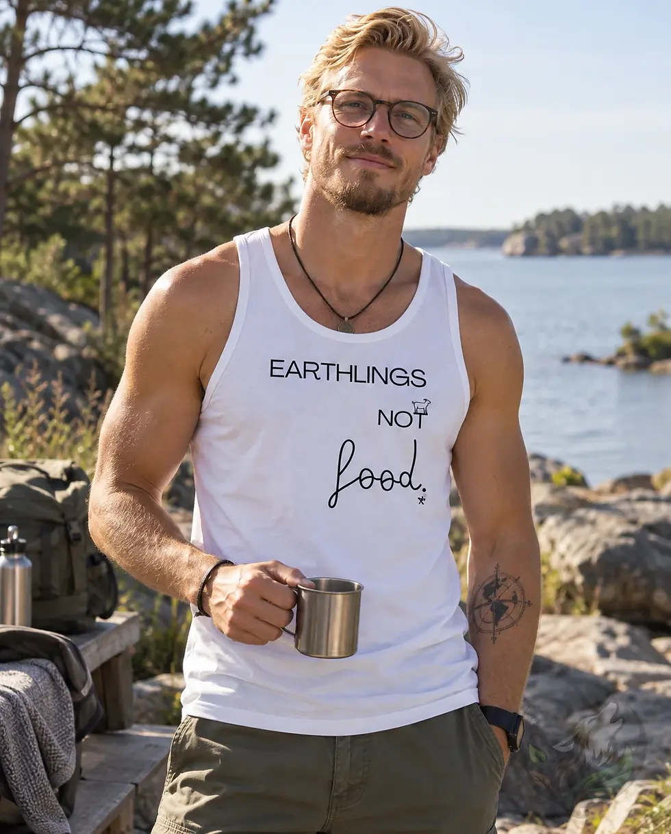 Mens white tank top with Earthlings Not Food design worn by a man holding a metal cup outdoors