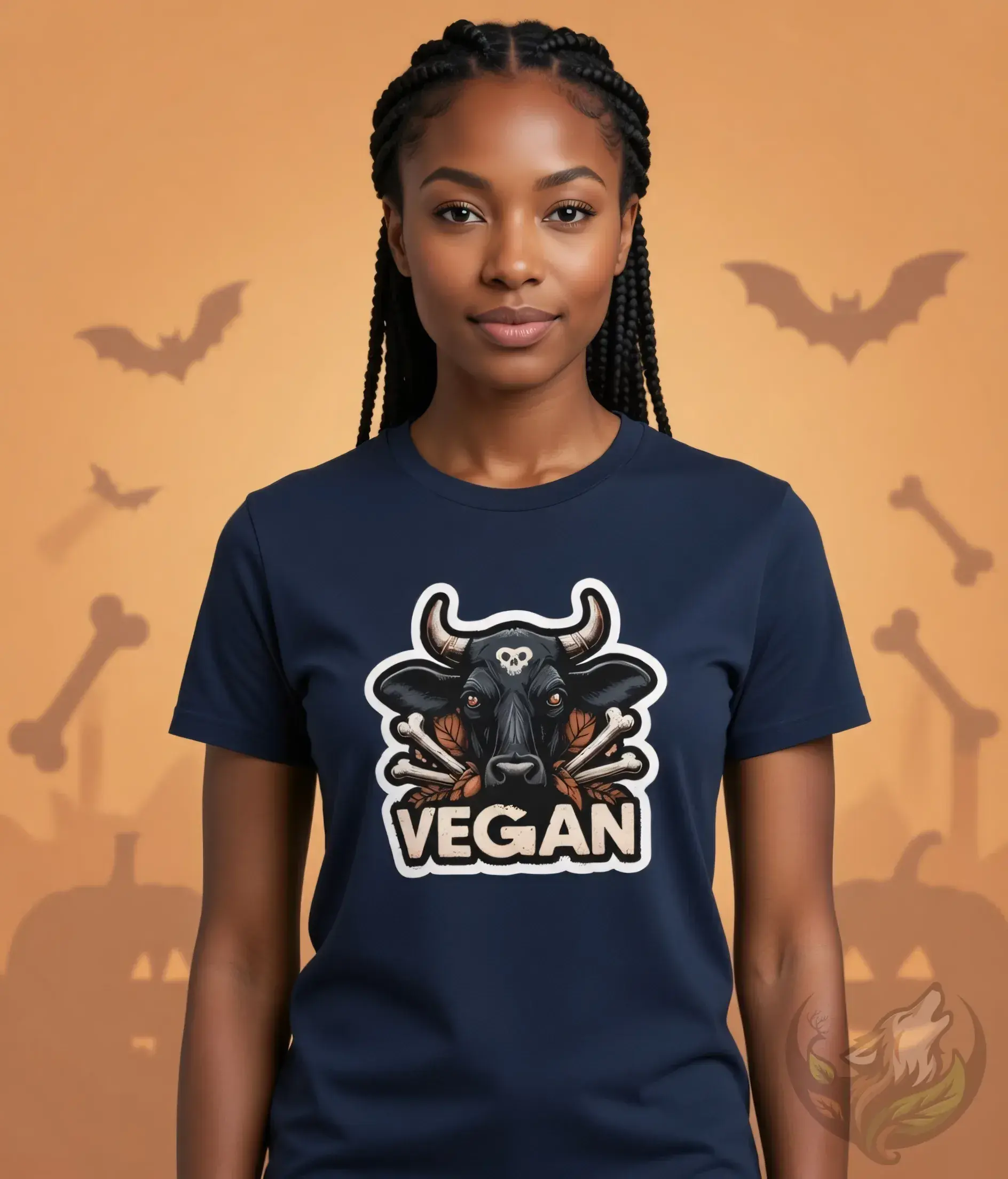Navy fitted tee with the Vegan Quotes “Bull Vegan” design shown in a Halloween‑themed studio setting.