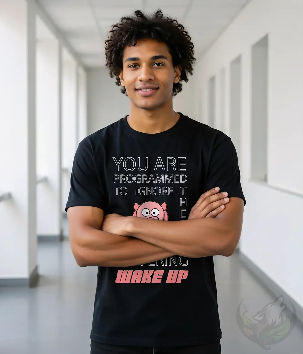 Black unisex t-shirt worn by smiling man with curly hair, "You Are Programmed To Ignore Their Suffering WAKE UP" pig graphic.