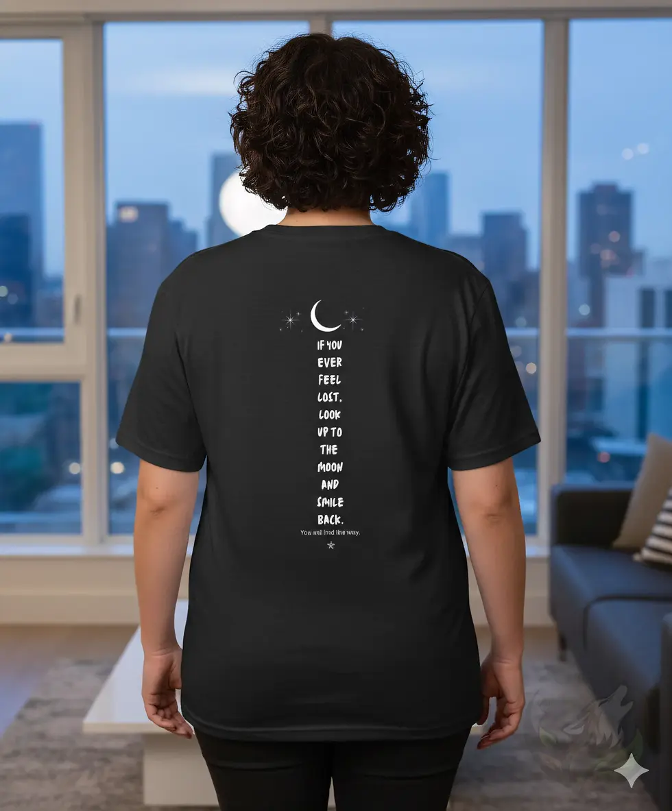 Thumbnail: Person wearing a black shirt with a crescent moon and white vertical text indoors