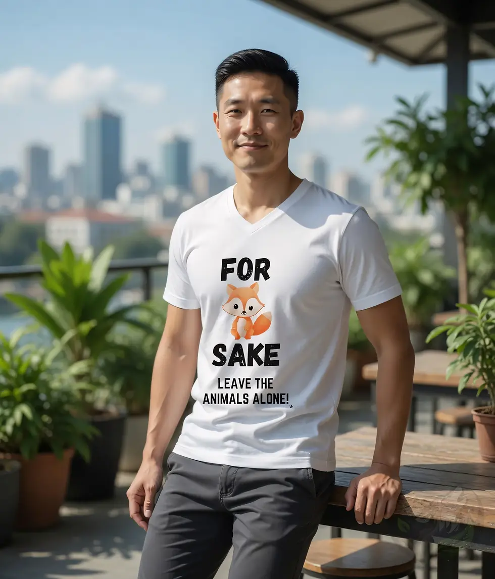 Thumbnail: White V-neck t-shirt on man with short black hair on sunny balcony, adorable fox "For Fox Sake" message.