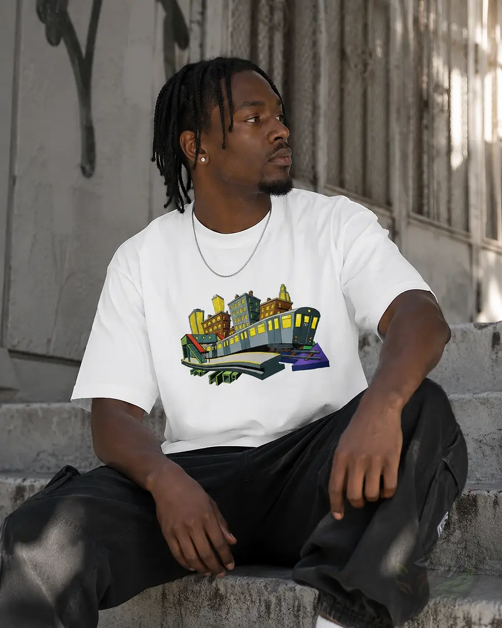 Thumbnail: White unisex shirt with DefP NY Subway artwork worn in an urban setting with colorful city train design