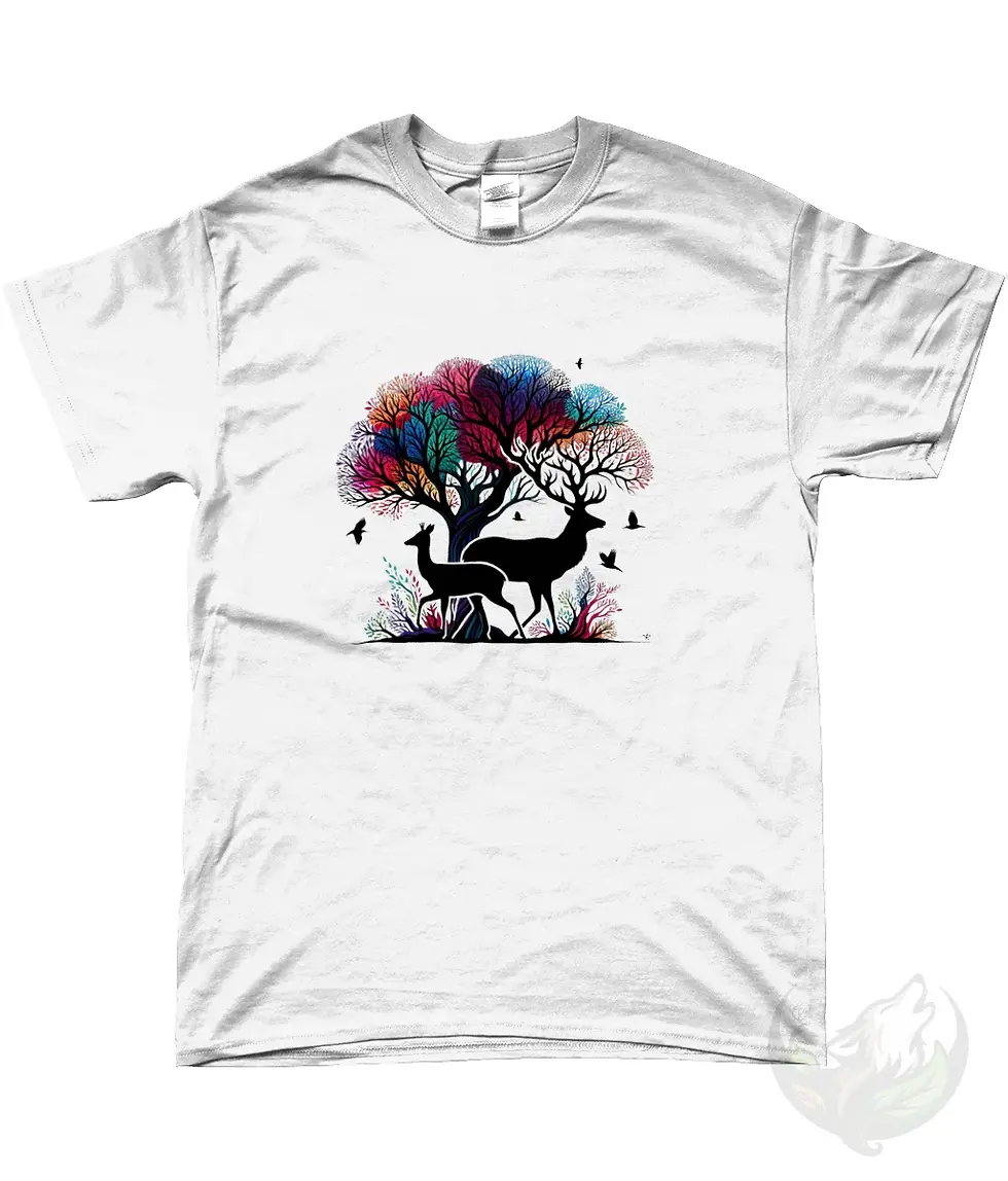 Thumbnail: White unisex t-shirt flat lay with vibrant colorful tree, black deer silhouette and birds "Wild and Free".
