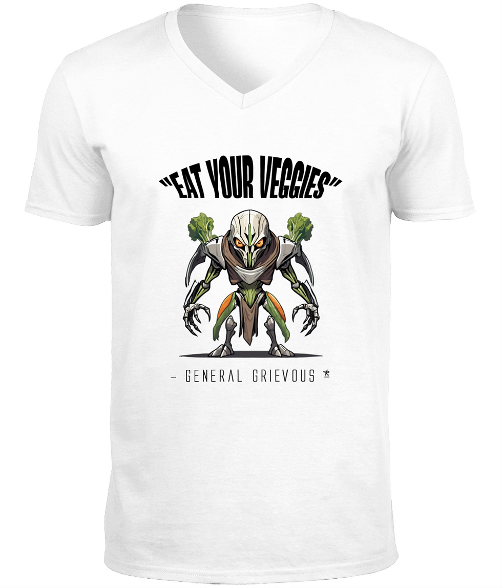 Thumbnail: White premium men’s V‑neck Vegan Star Wars Grievous shirt with a subtle droid‑inspired line graphic.