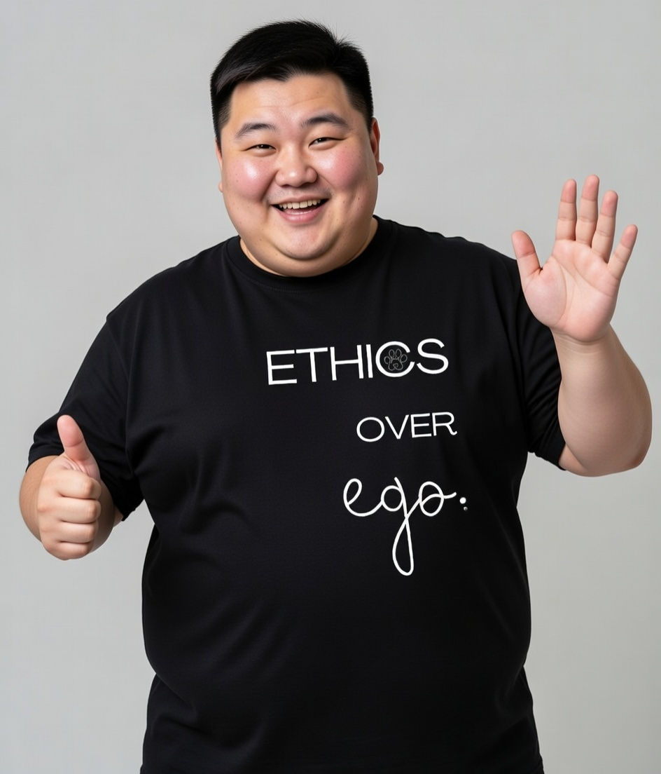 plus size vegan quotes ethics over ego lifestyle – black shirt with ethics over ego message worn in a simple friendly pose in