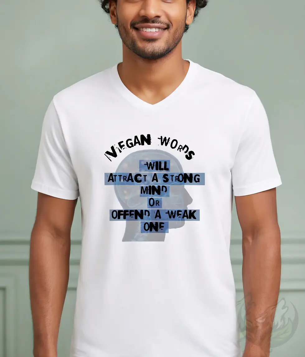 Thumbnail: White V-neck unisex t-shirt close-up on smiling man, "VEGAN WORDS Will Attract A Strong Mind Or Offend A Weak One" quote.