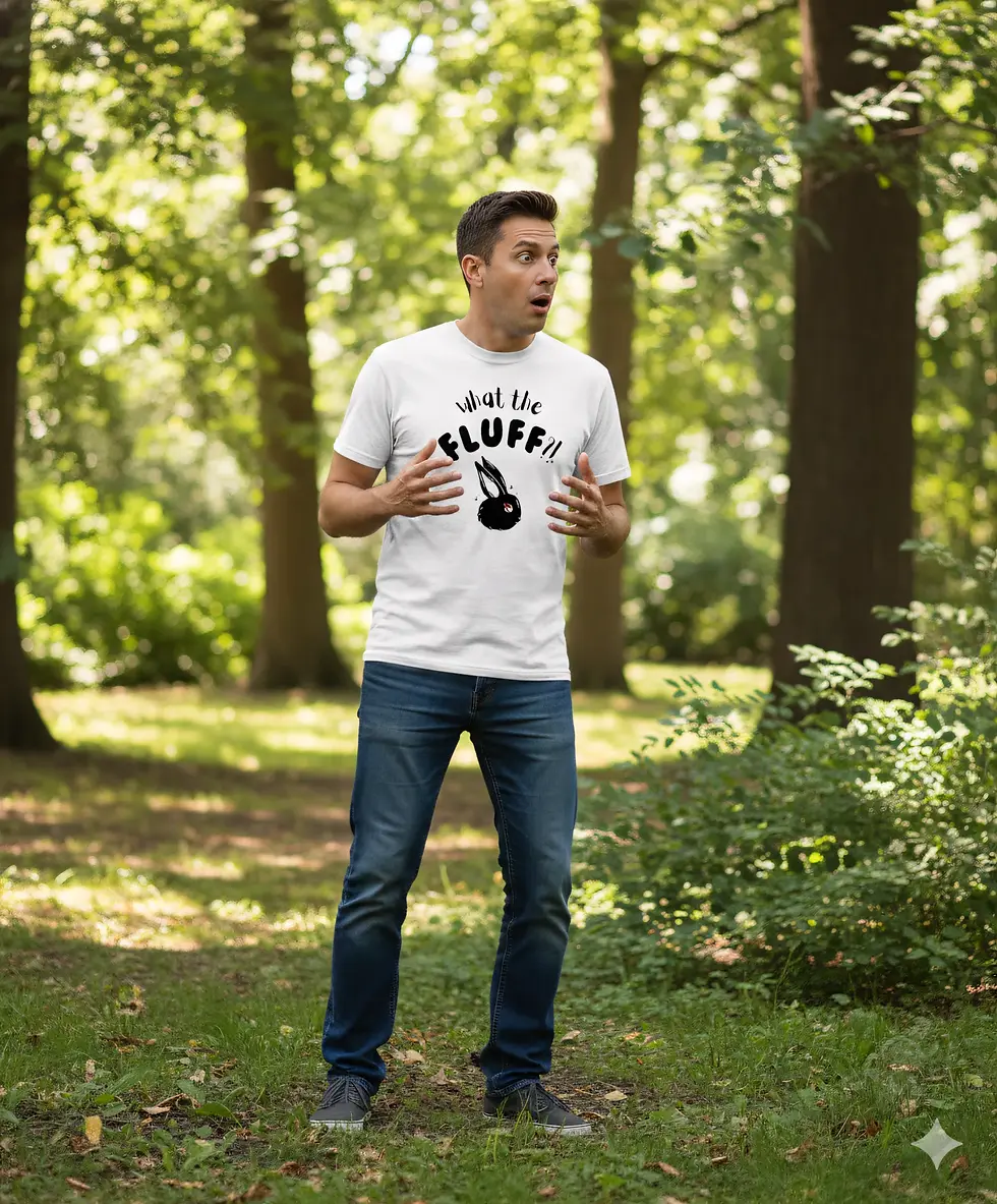 Thumbnail: Man in white unisex bunny graphic t-shirt surprised in forest lifestyle scene