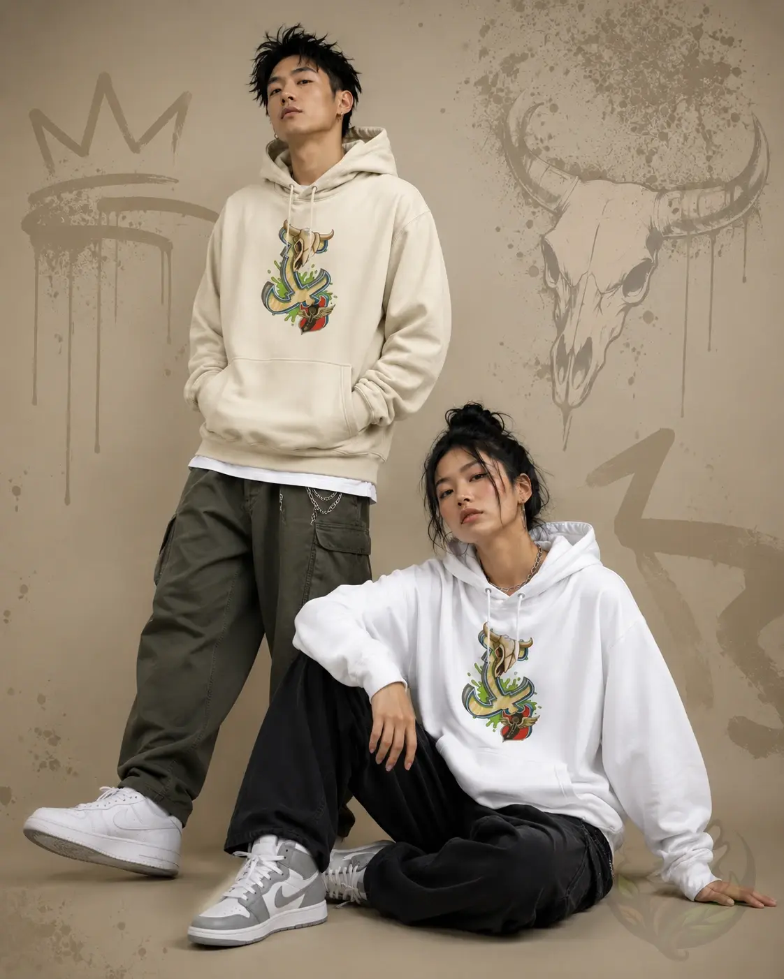 Couple wearing vanilla and white Official DefP Twisted Cross Unisex Hoodies featuring the Twisted Cross design.