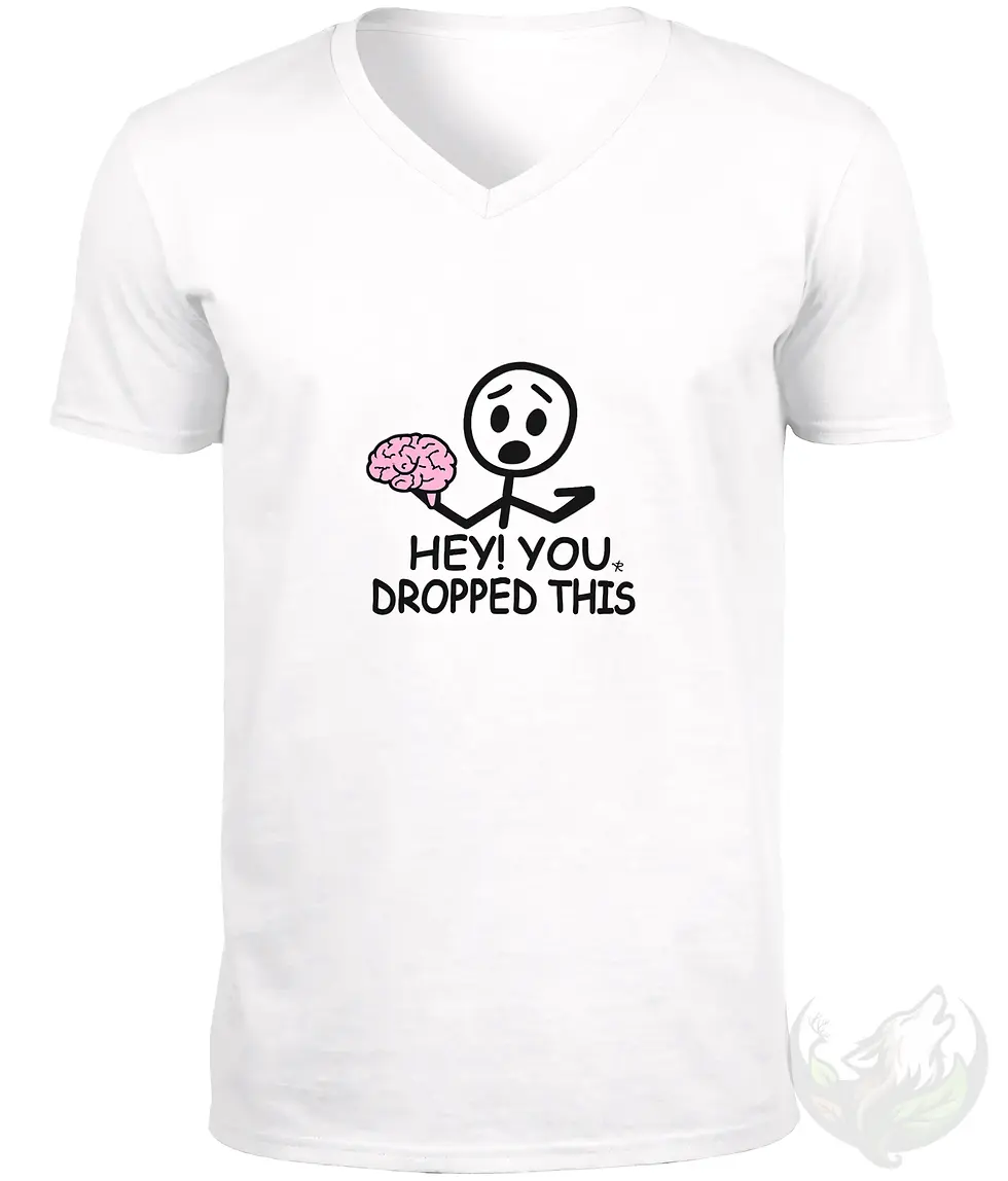 Thumbnail: Men’s white V-neck “Hey! You Dropped This” brain graphic t-shirt flat lay with funny design