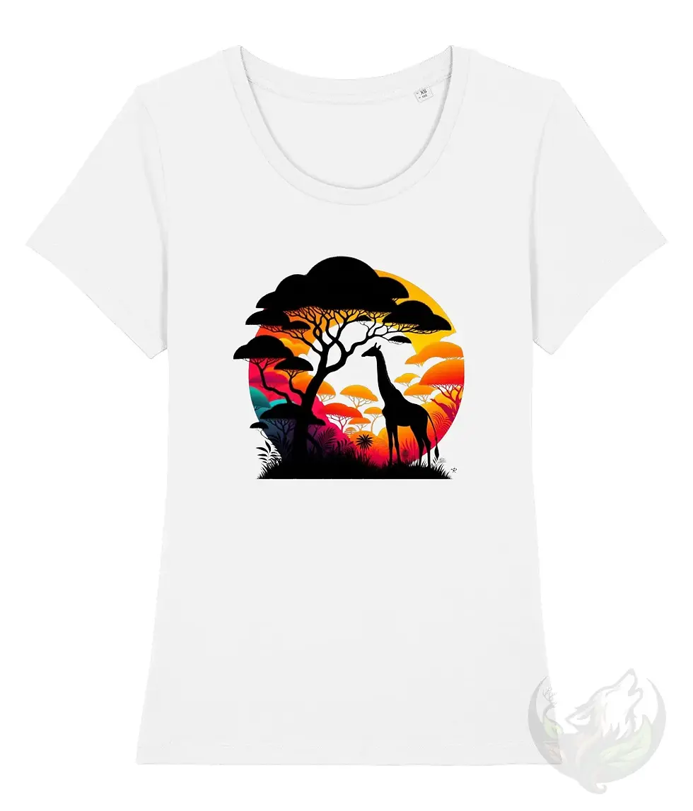 Thumbnail: White scoop neck tee with a colorful giraffe illustration shown on a crisp, professional mockup layout.