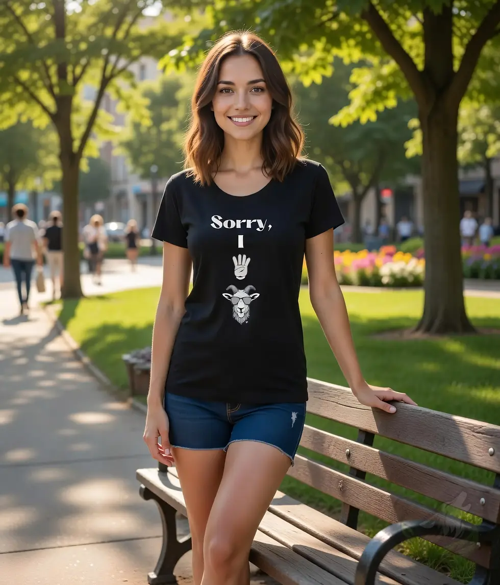 Thumbnail: Woman in black scoop neck t-shirt with witty "Sorry, I 4 goat" goat and hand design.