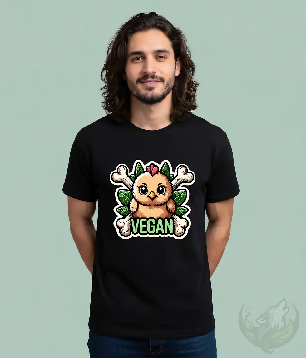 Black unisex t-shirt worn by smiling man with long hair, "Vegan" cute chick bones spooky cartoon.