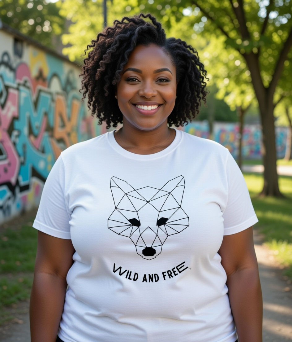 plus size wild and free fox lifestyle – white shirt with geometric fox line art and wild and free text in an urban graffiti s
