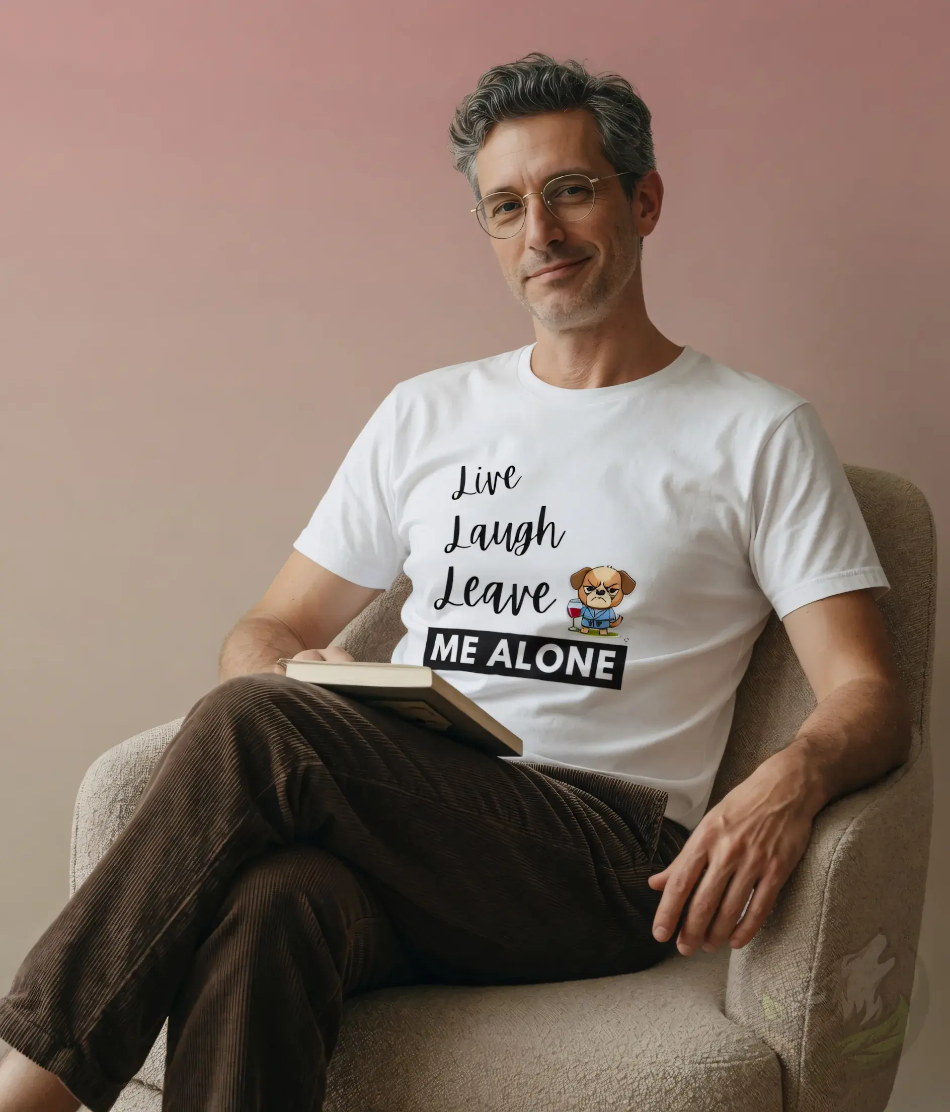 Man wearing white unisex funny dog quote shirt in clean studio portrait