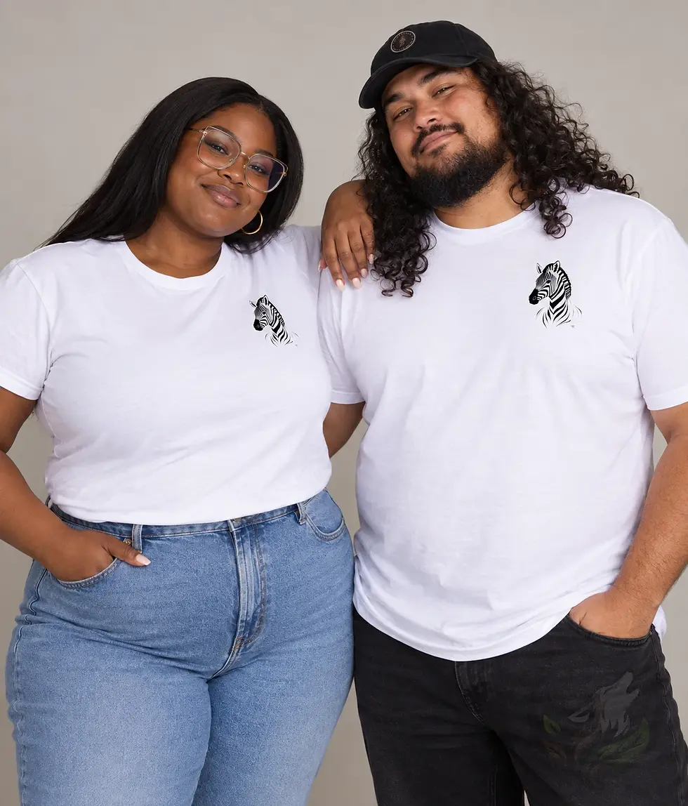 Woman and man wearing white shirts with small black zebra designs on the chest
