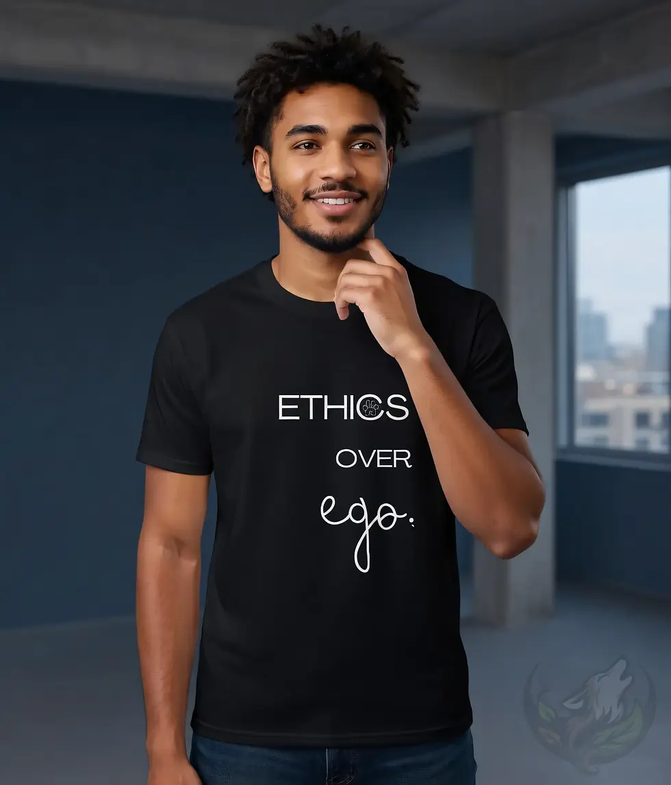 Thumbnail: Black unisex t-shirt on man with dreadlocks in urban street, "Ethics Over Ego" powerful vegan quote design.