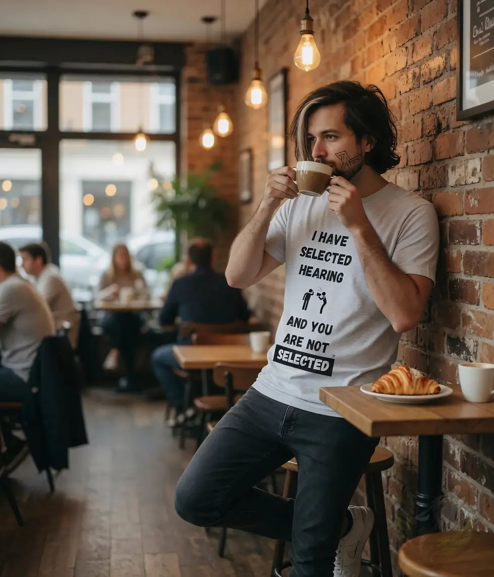 Thumbnail: Funny men’s selective hearing quote shirt in cafe lifestyle scene, sarcastic casual graphic tee